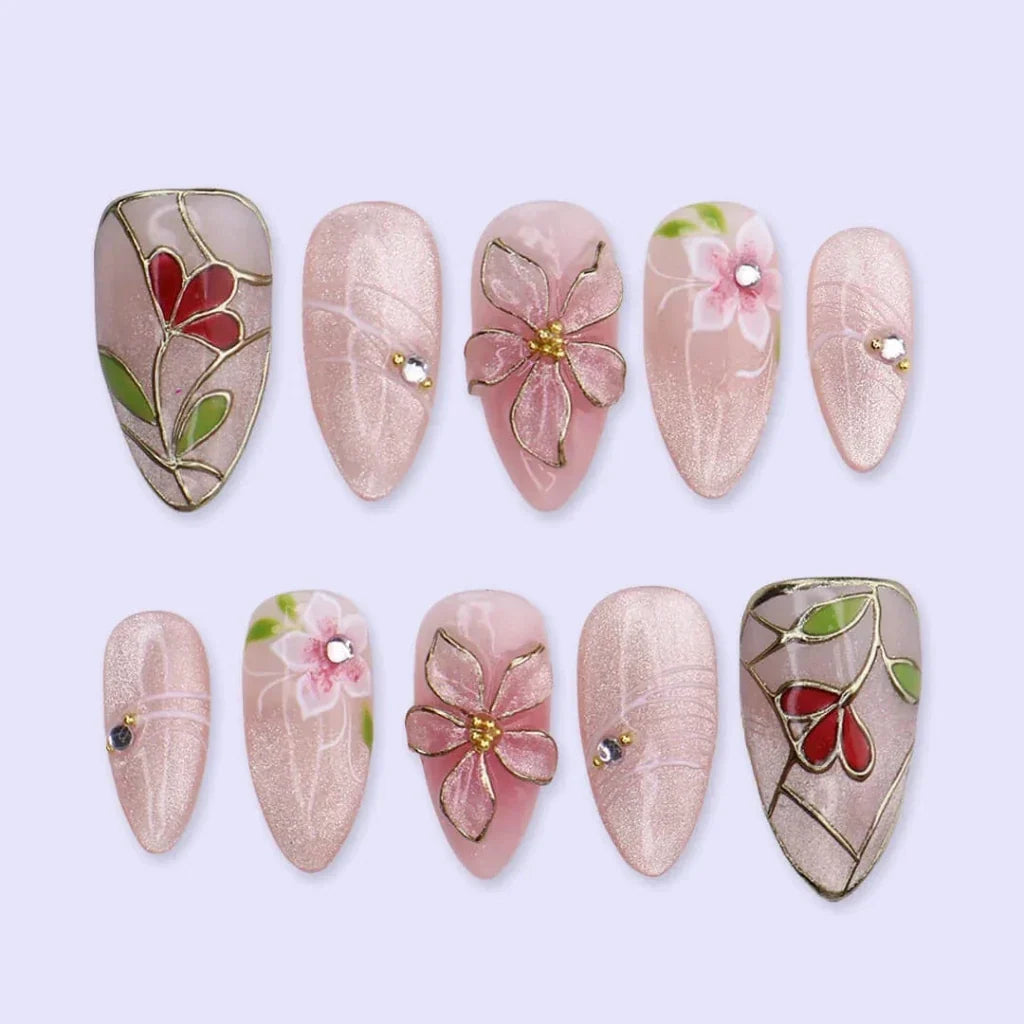 Floraison Rouge Pink Handmade Press On Nails