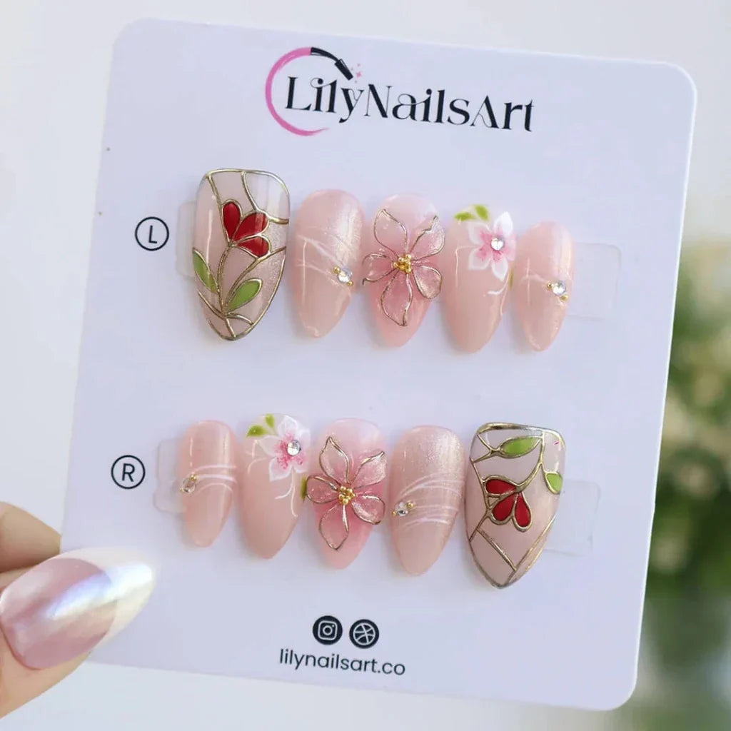Floraison Rouge Pink Handmade Press On Nails
