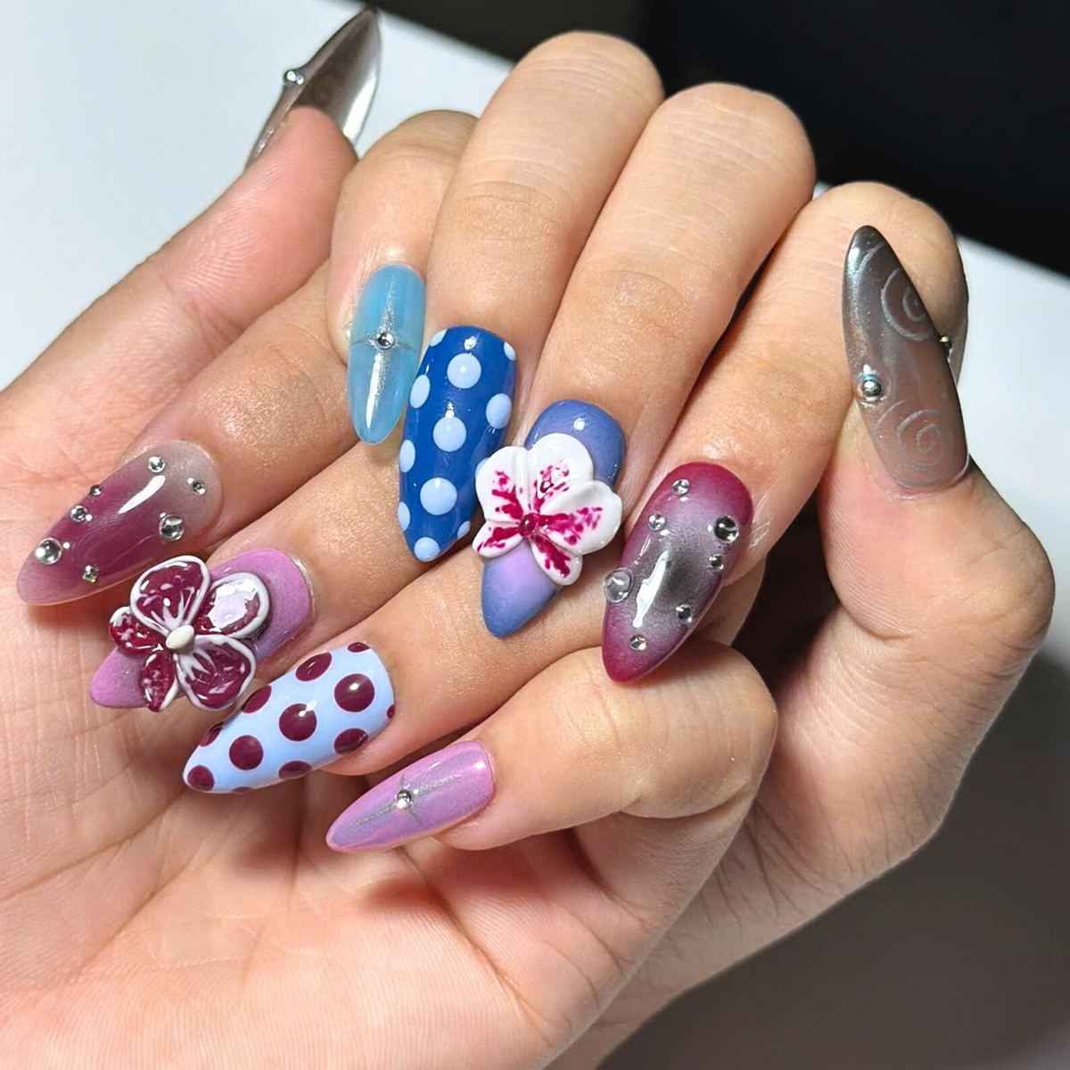 Eclectic Jewel Tone Press On Nails, 3D Floral Chrome Nails, Cat Eye Abstract Handmade