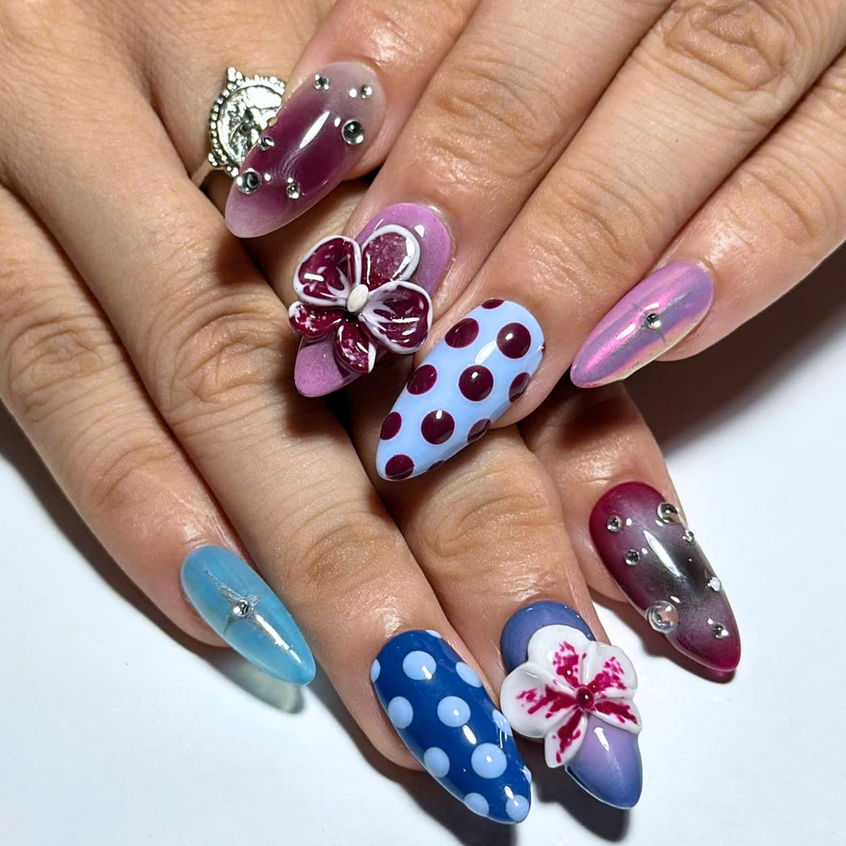 Eclectic Jewel Tone Press On Nails, 3D Floral Chrome Nails, Cat Eye Abstract Handmade