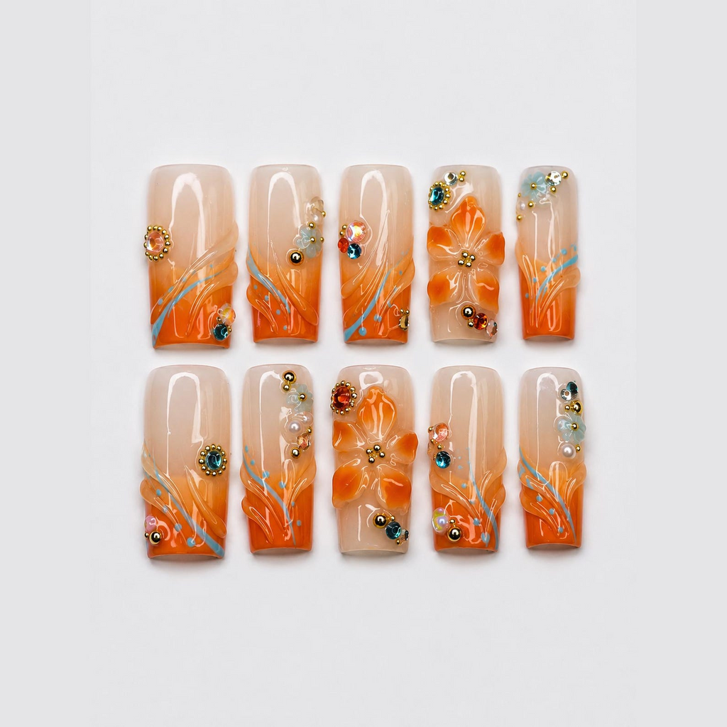 Summer Floral Press On Nails, Orange Flower Beach Nail Set, Tropical Vacation Nails