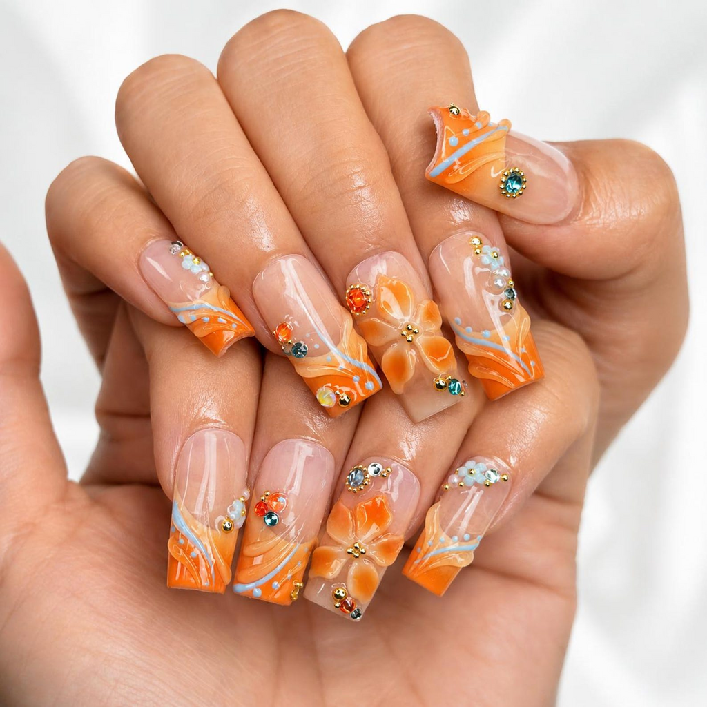 Summer Floral Press On Nails, Orange Flower Beach Nail Set, Tropical Vacation Nails