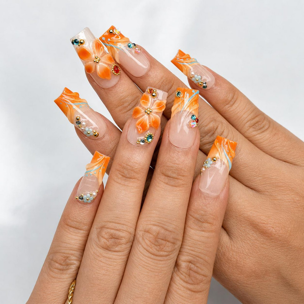 Summer Floral Press On Nails, Orange Flower Beach Nail Set, Tropical Vacation Nails