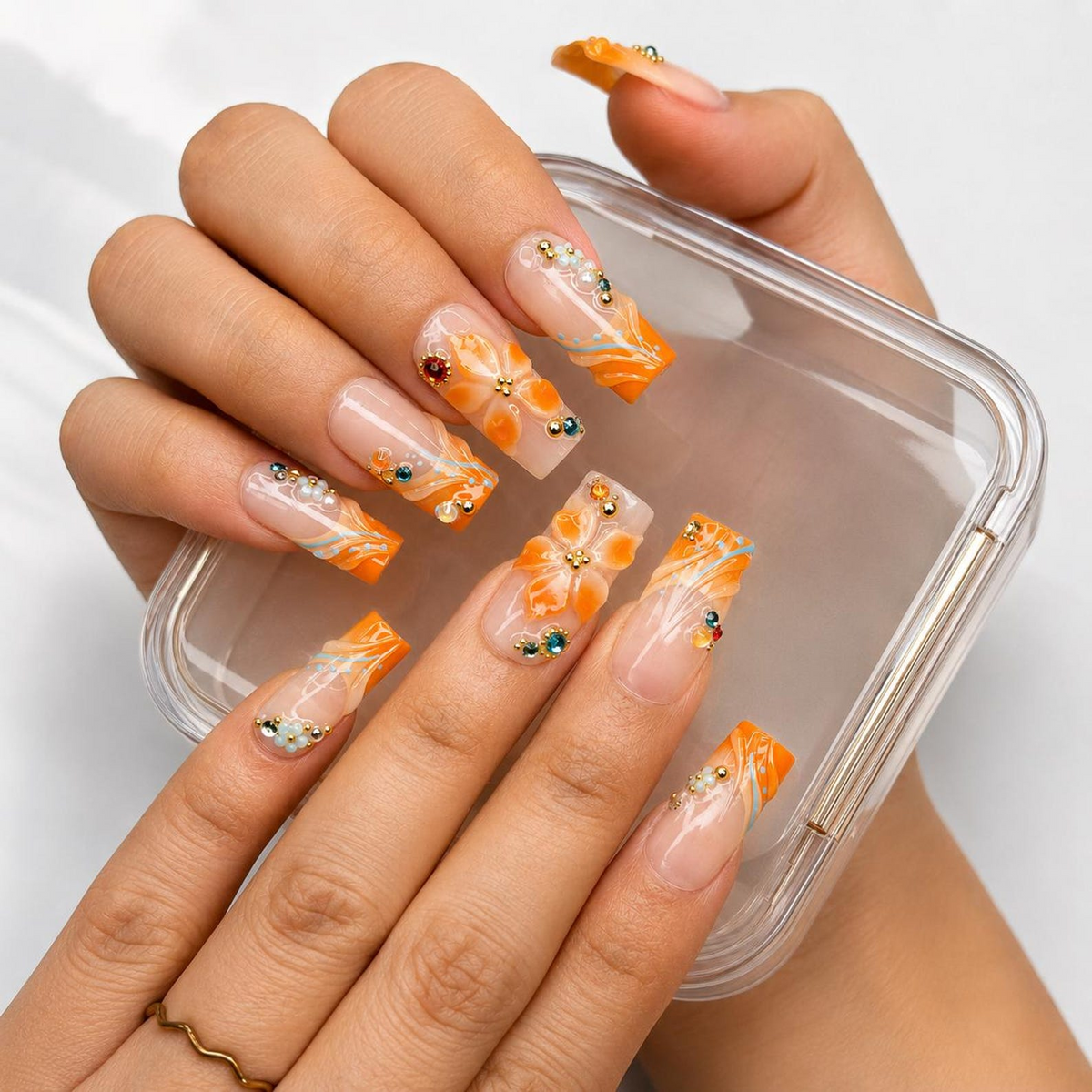 Summer Floral Press On Nails, Orange Flower Beach Nail Set, Tropical Vacation Nails