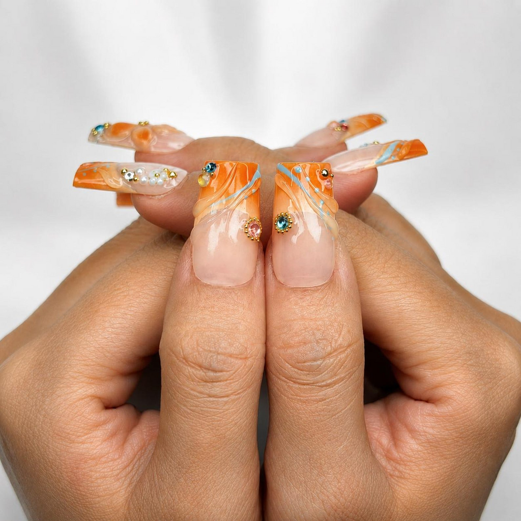 Summer Floral Press On Nails, Orange Flower Beach Nail Set, Tropical Vacation Nails