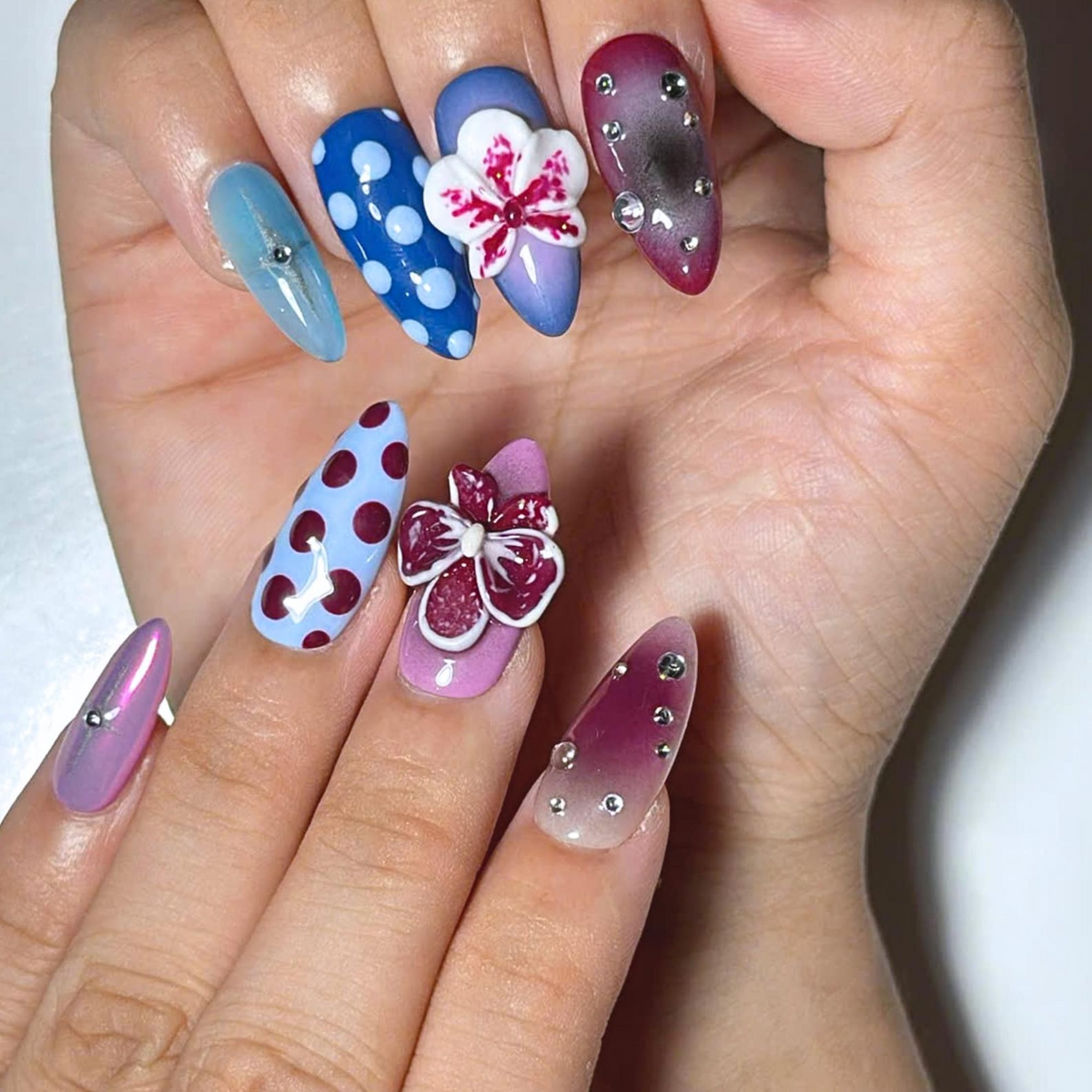 Eclectic Jewel Tone Press On Nails, 3D Floral Chrome Nails, Cat Eye Abstract Handmade