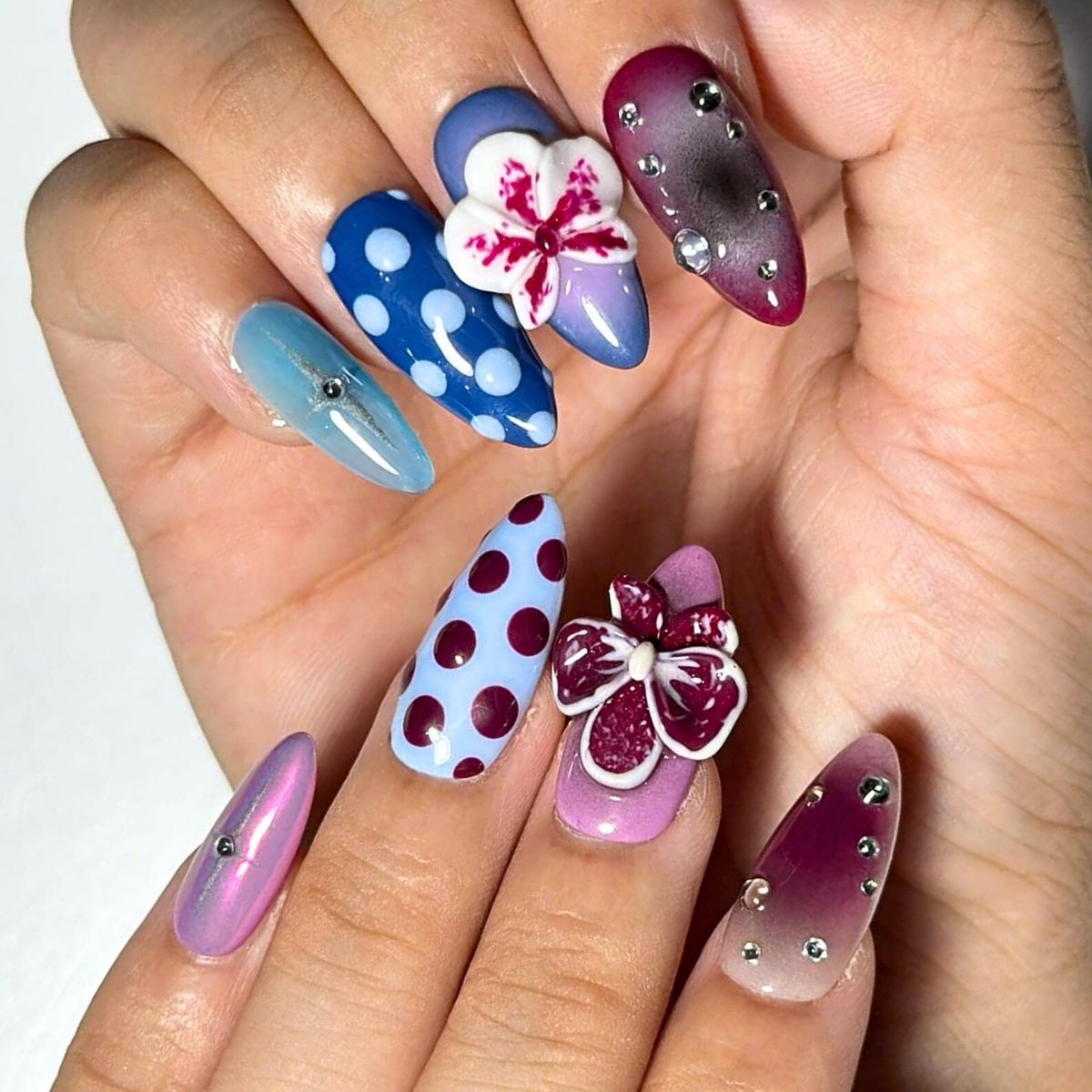 Eclectic Jewel Tone Press On Nails, 3D Floral Chrome Nails, Cat Eye Abstract Handmade