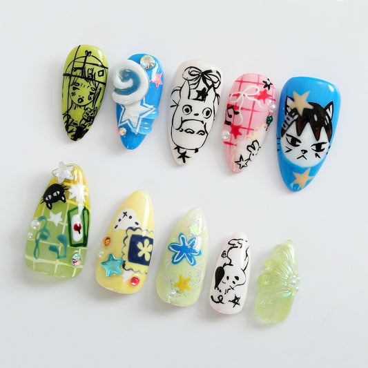 Whimsical Cartoon Press On Nails Unique Cartoon Nail Art Hand-Decorated with Cute Characters Trendy Cartoon and Anime DesignsOB514HC