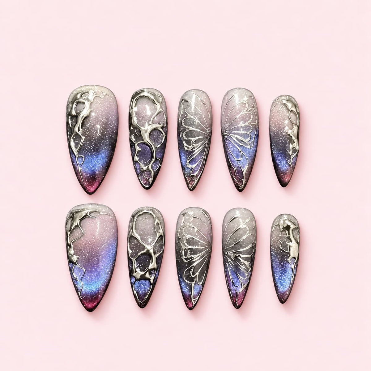Galaxy Butterfly Stiletto Press-On Nails - Hand-Painted