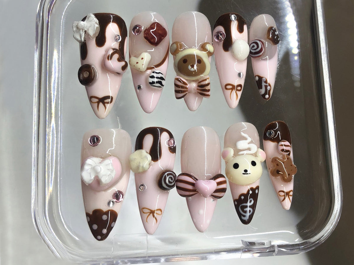 Cute Dessert Press On Nails, 3D Sweets And Bear Designs with Bow Fake Nails, 3D Chocolate