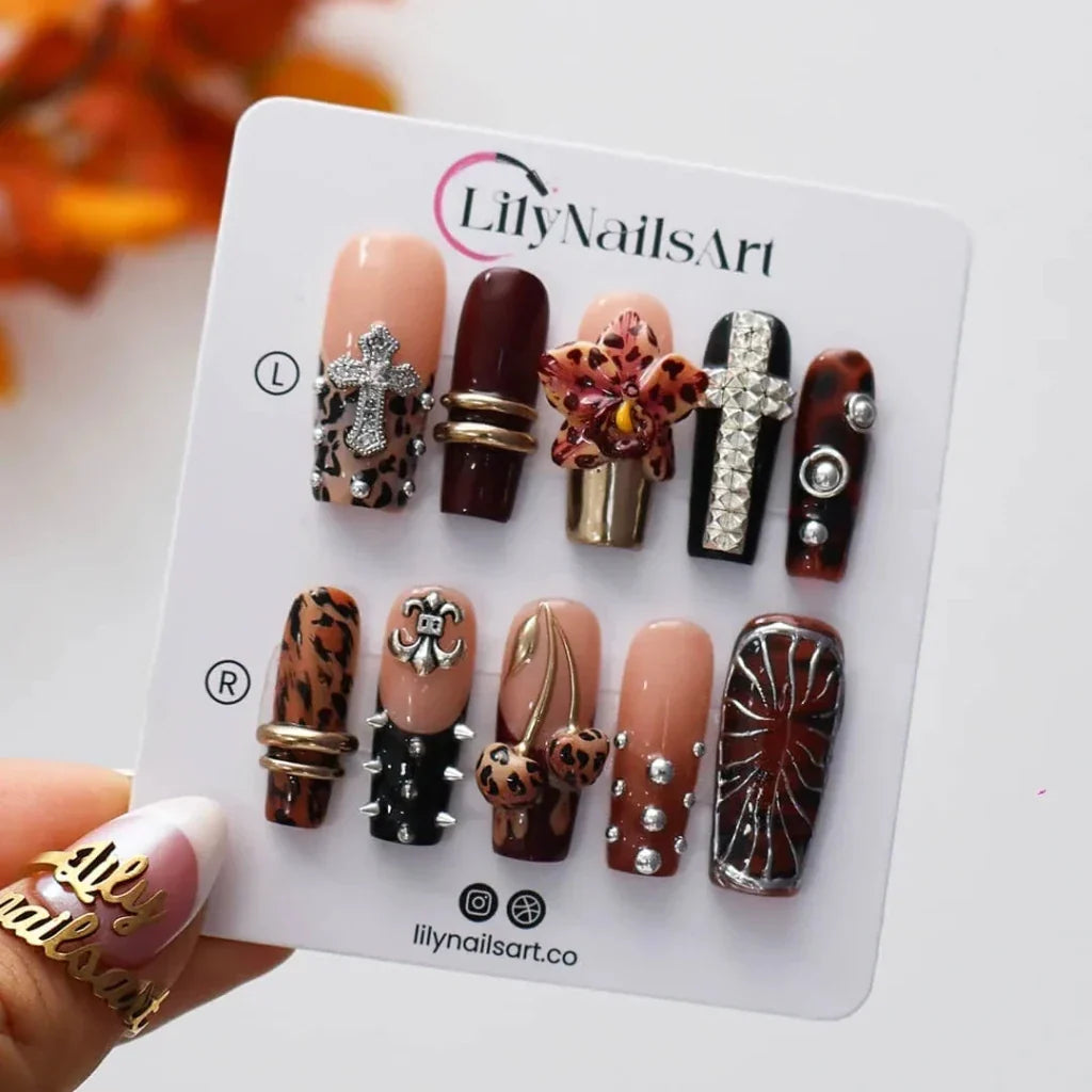 Gilded Savage Brown Floral Press On Nails