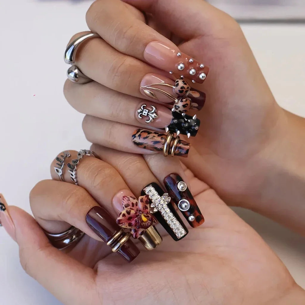 Gilded Savage Brown Floral Press On Nails