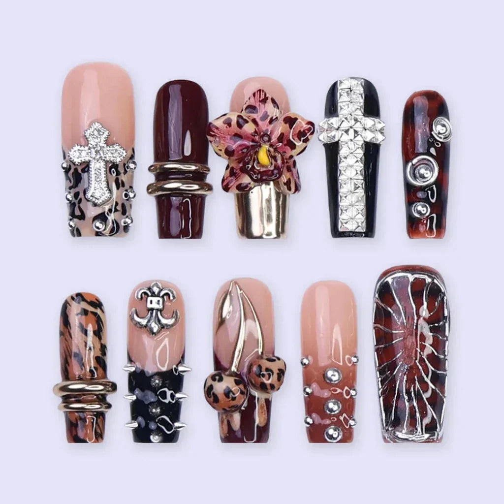 Gilded Savage Brown Floral Press On Nails