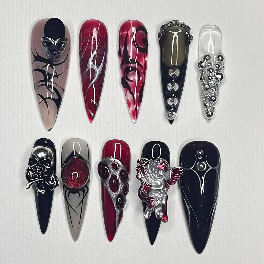Glam Goth Black Red Handmade Press On Nails