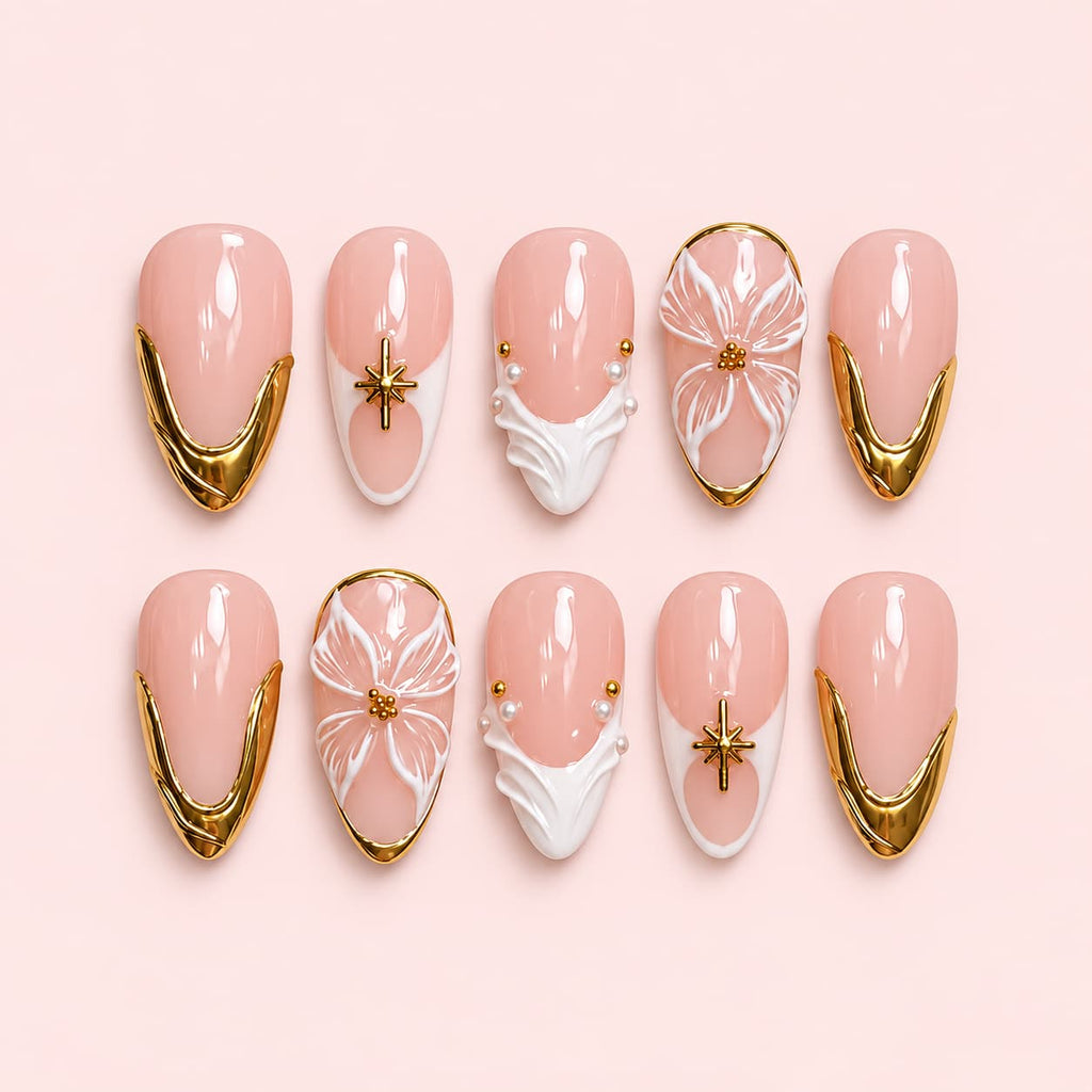Gold French Tip Floral Almond Press-On Nails
