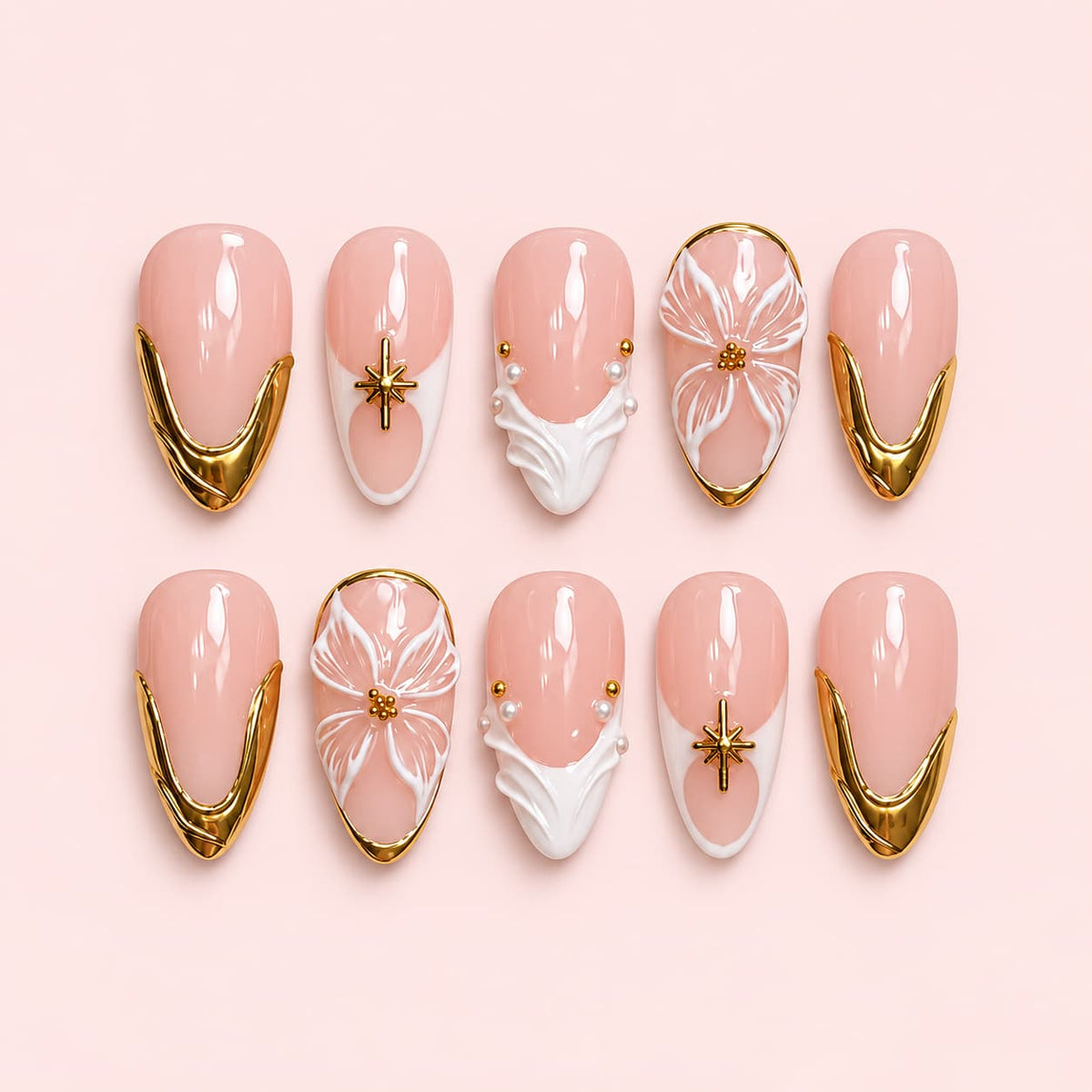 Gold French Tip Floral Almond Press-On Nails