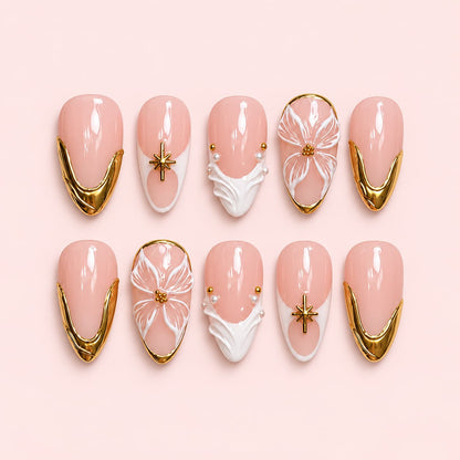 Gold French Tip Floral Almond Press-On Nails