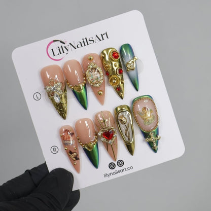 Golden Grace Green Handmade Press On Nails