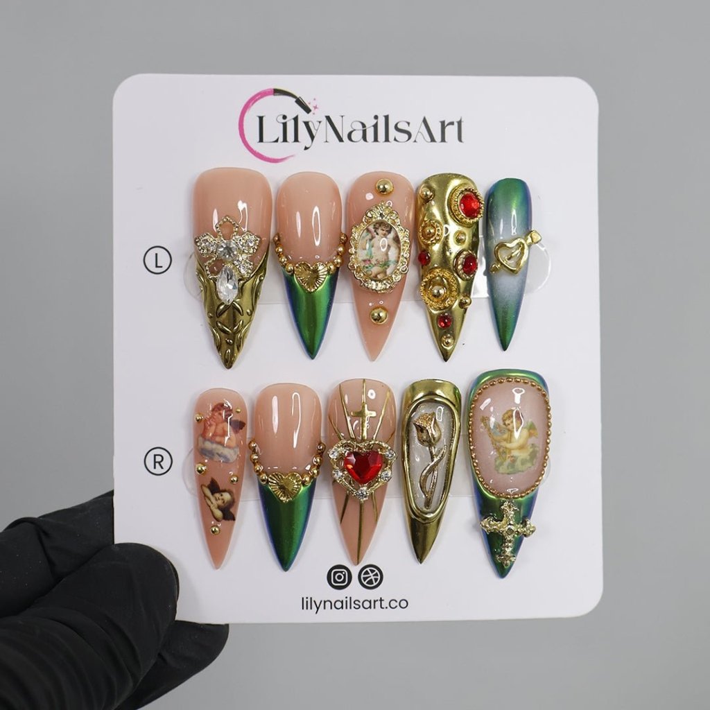 Golden Grace Green Handmade Press On Nails