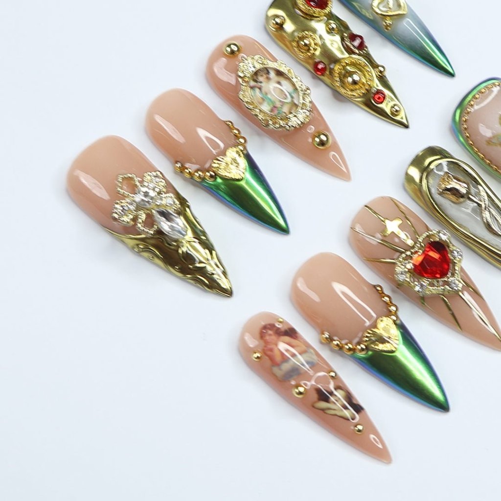 Golden Grace Green Handmade Press On Nails
