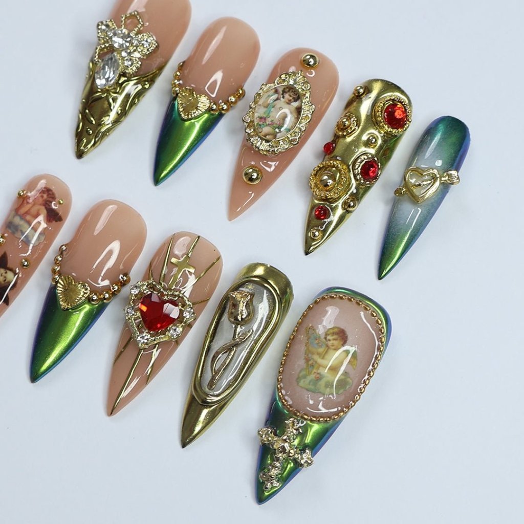 Golden Grace Green Handmade Press On Nails