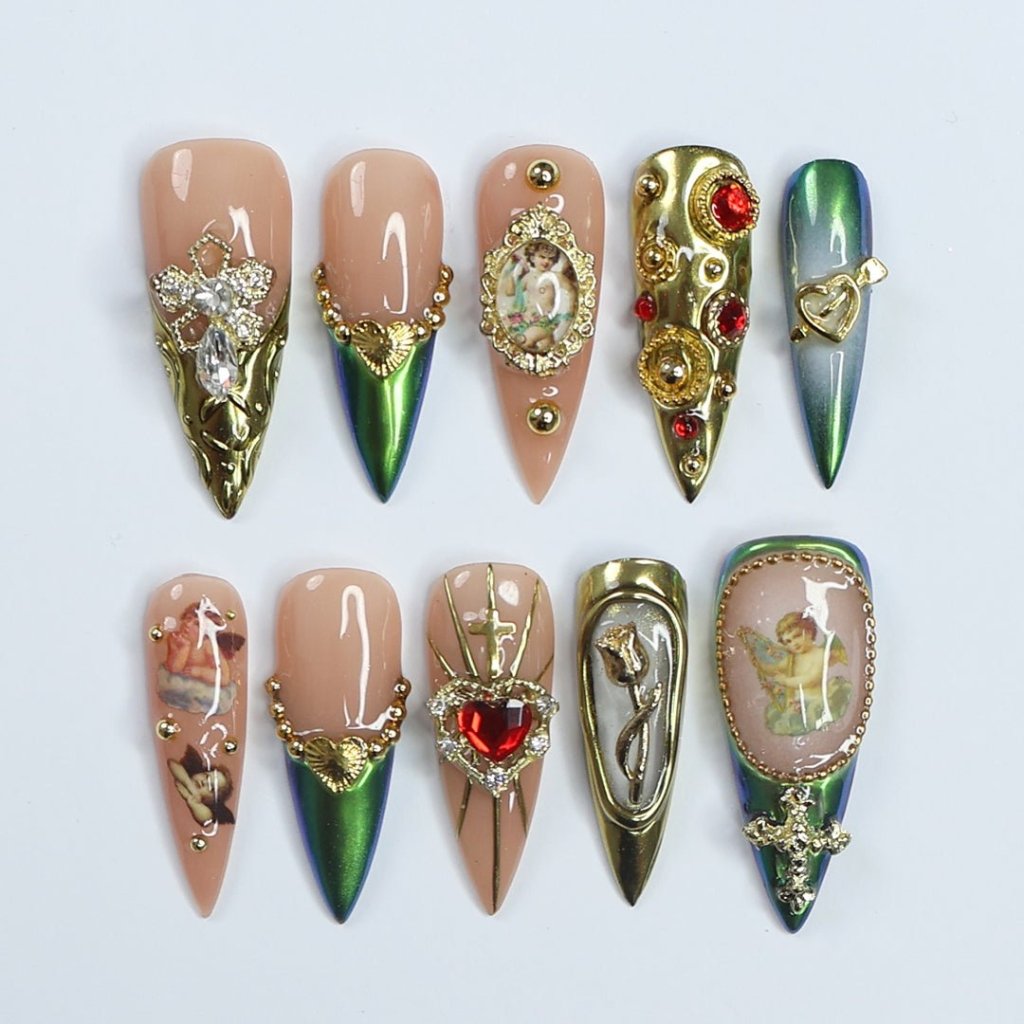 Golden Grace Green Handmade Press On Nails