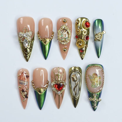 Golden Grace Green Handmade Press On Nails