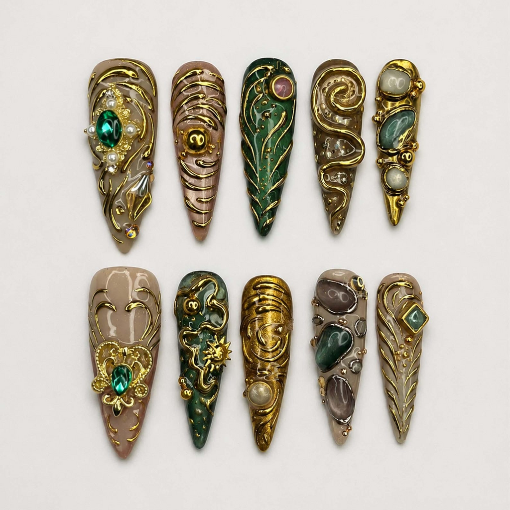 Emerald Jewelry Press On Nails, Gold Chrome Gemstone Nail Set, Ornate Baroque Fantasy