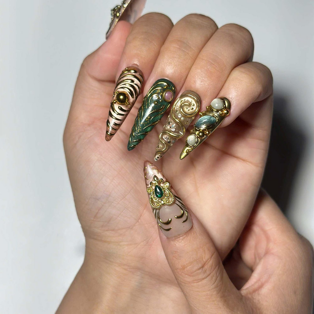 Emerald Jewelry Press On Nails, Gold Chrome Gemstone Nail Set, Ornate Baroque Fantasy