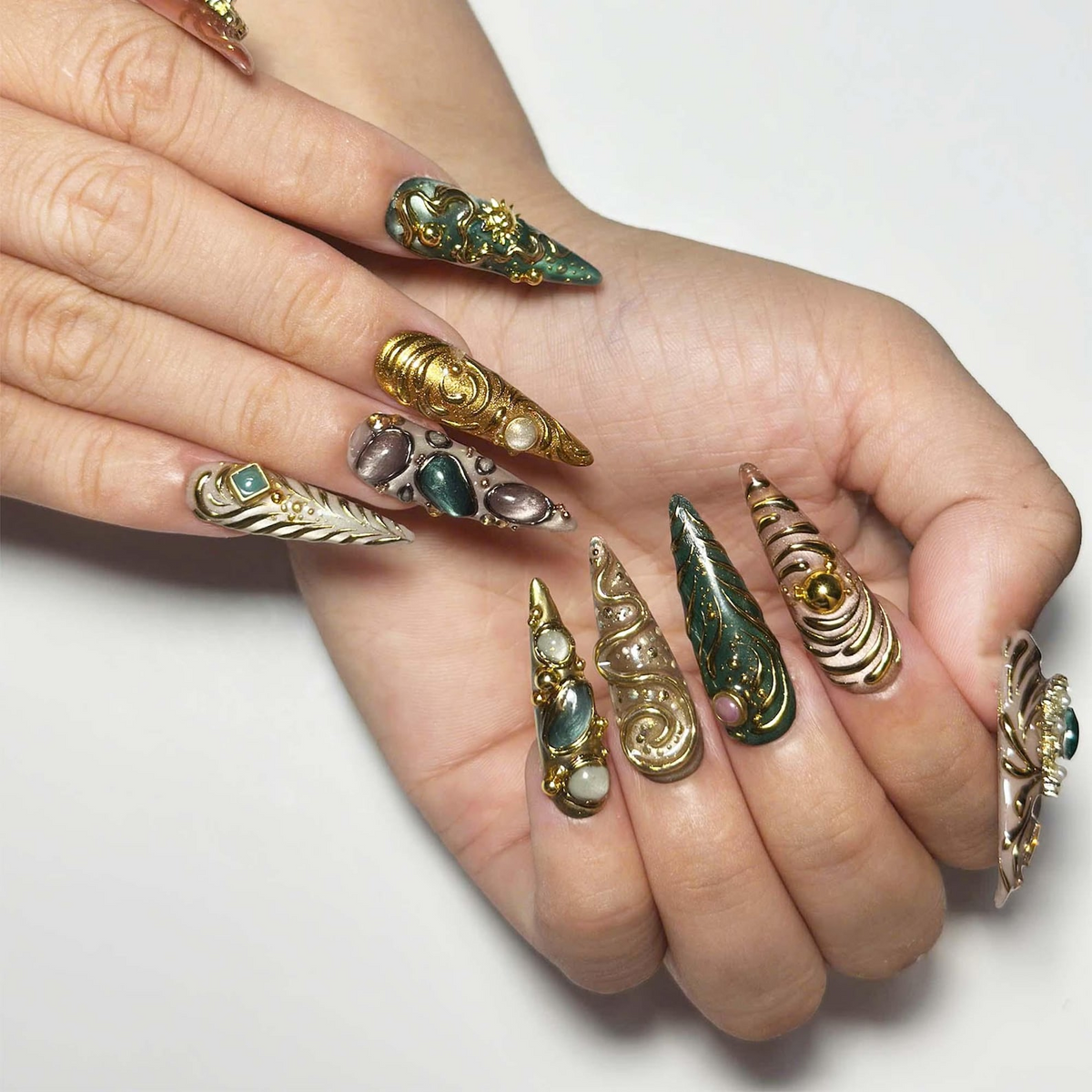 Emerald Jewelry Press On Nails, Gold Chrome Gemstone Nail Set, Ornate Baroque Fantasy