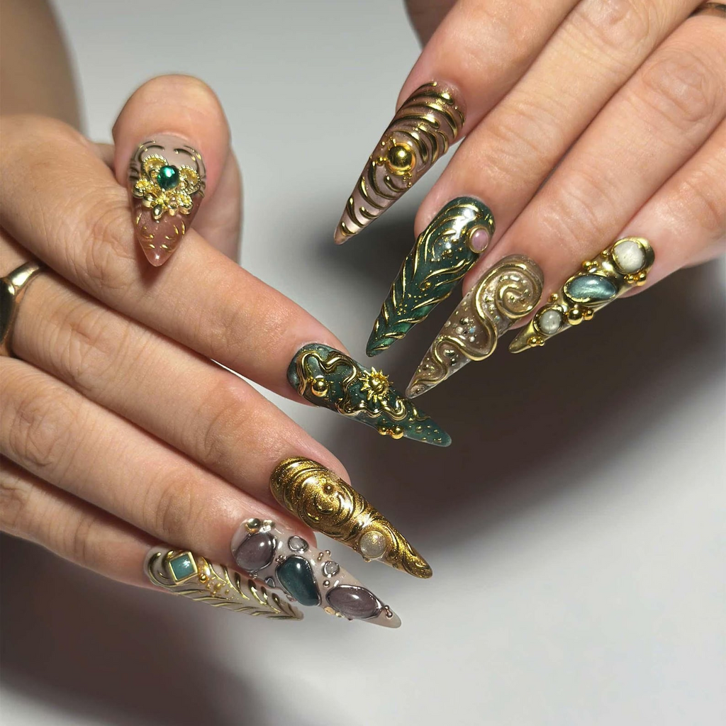 Emerald Jewelry Press On Nails, Gold Chrome Gemstone Nail Set, Ornate Baroque Fantasy
