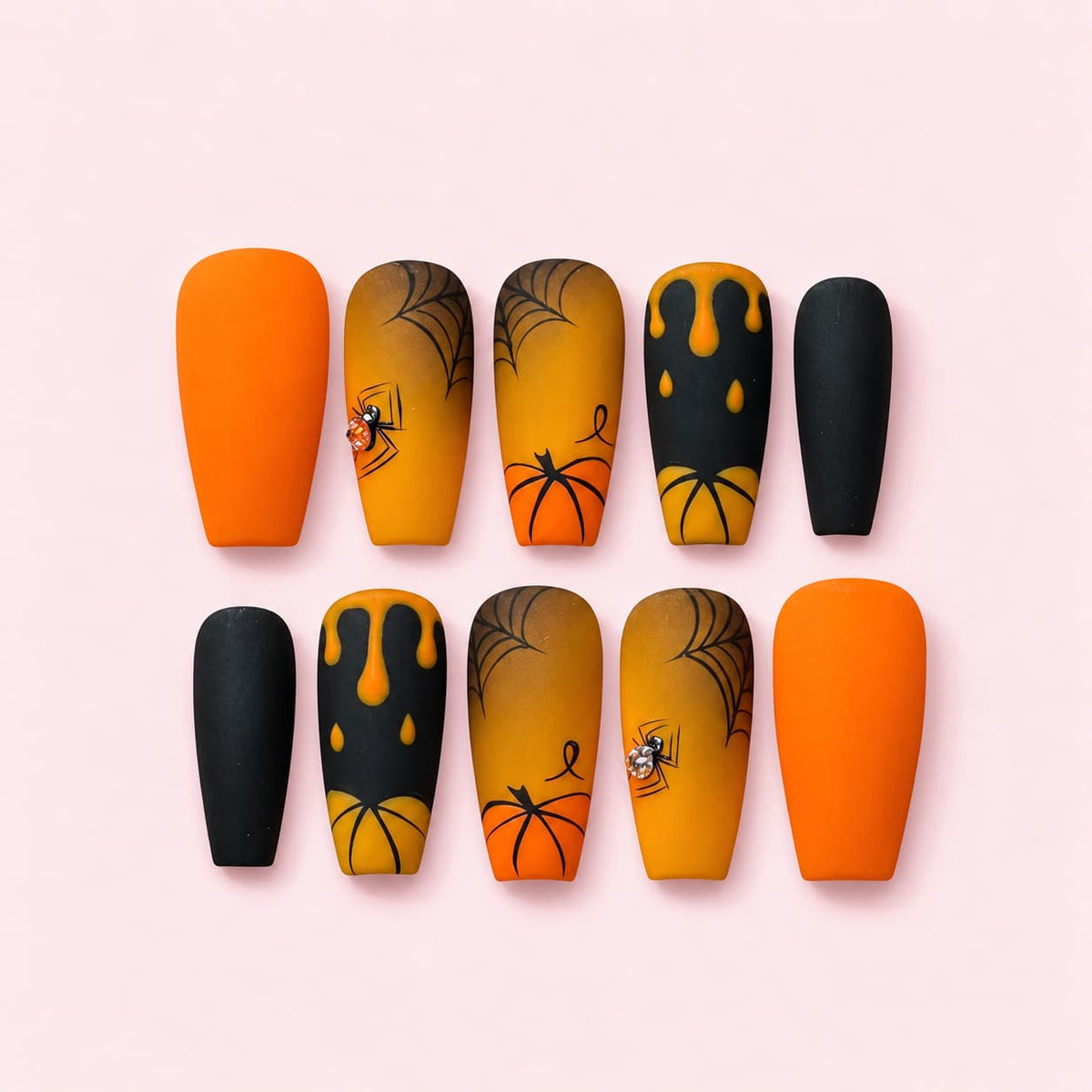 Halloween Pumpkin Spider Coffin Press-On Nails