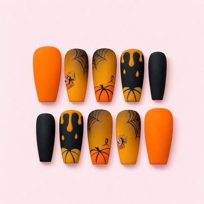 Halloween Pumpkin Spider Coffin Press-On Nails