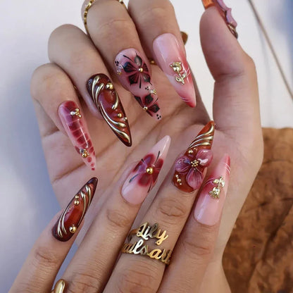 Harvest Glow Tortoiseshell Floral Metallic Brown Gold Press On Nails