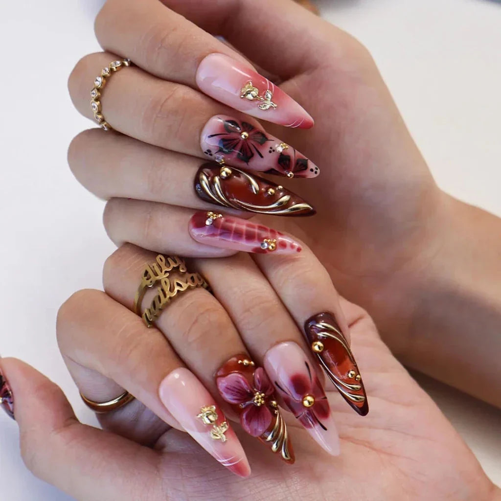 Harvest Glow Tortoiseshell Floral Metallic Brown Gold Press On Nails