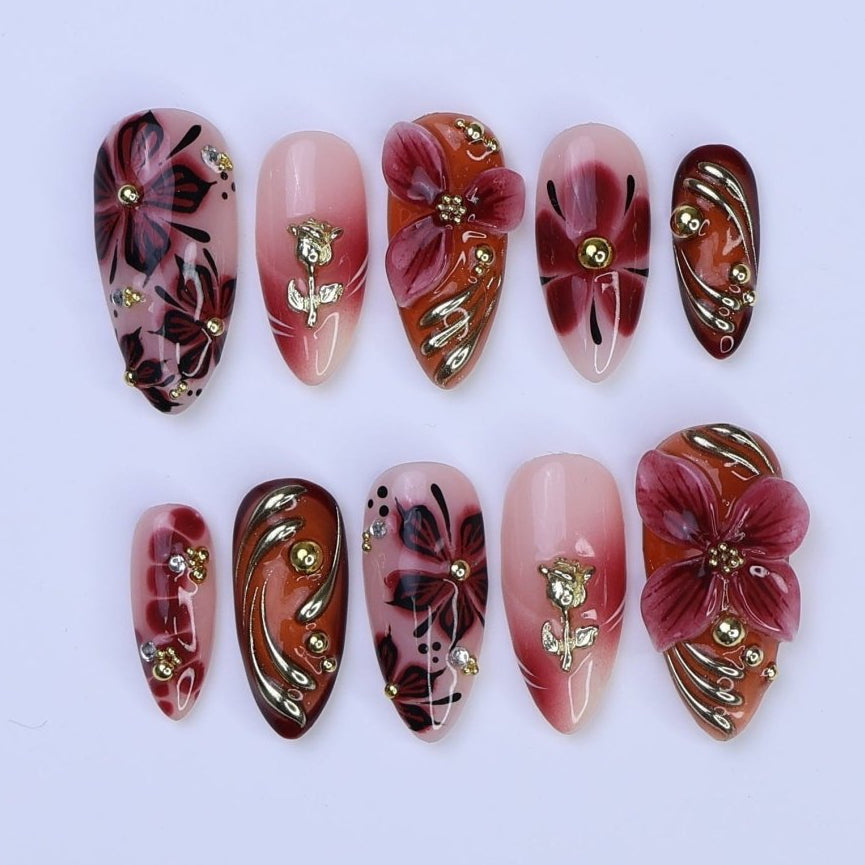 Harvest Glow Tortoiseshell Floral Metallic Brown Gold Press On Nails