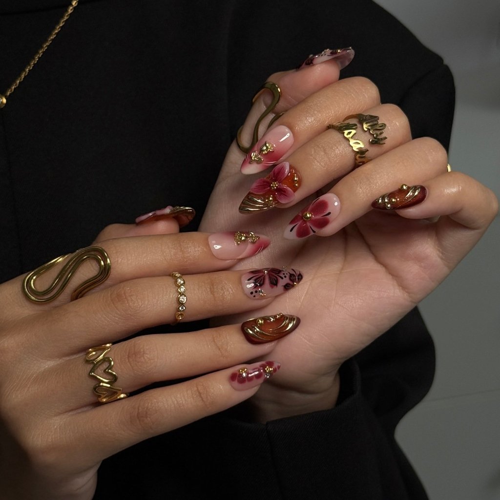 Harvest Glow Tortoiseshell Floral Metallic Brown Gold Press On Nails