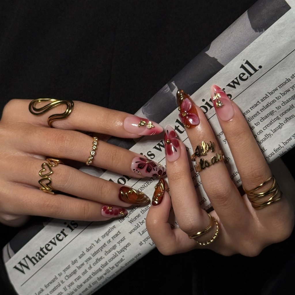 Harvest Glow Tortoiseshell Floral Metallic Brown Gold Press On Nails