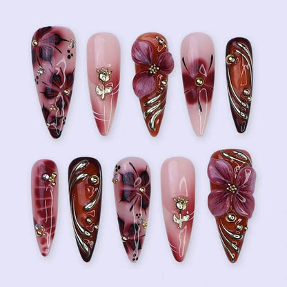 Harvest Glow Tortoiseshell Floral Metallic Brown Gold Press On Nails