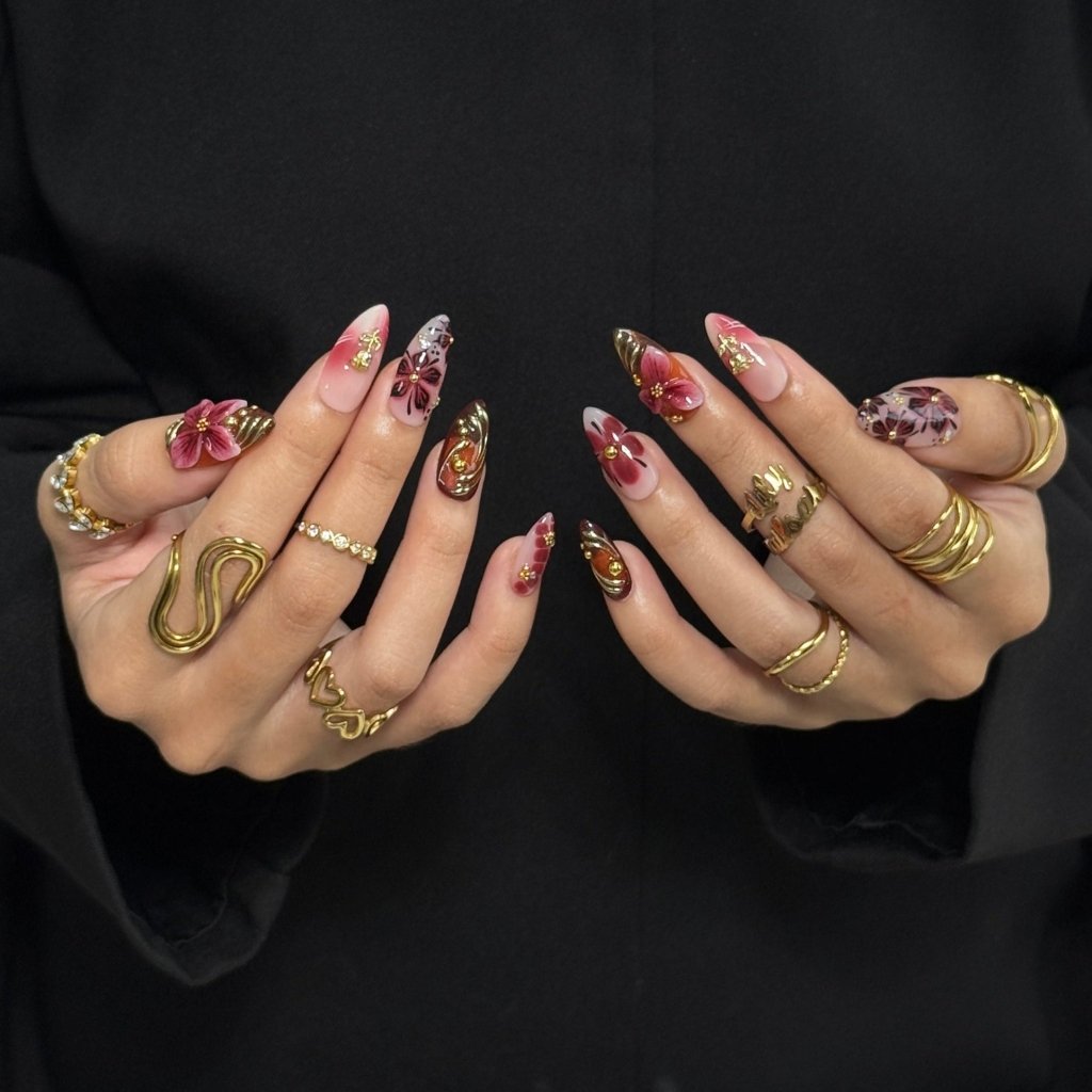 Harvest Glow Tortoiseshell Floral Metallic Brown Gold Press On Nails
