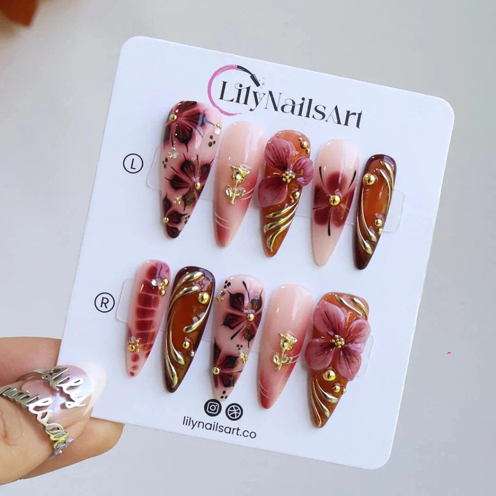 Harvest Glow Tortoiseshell Floral Metallic Brown Gold Press On Nails