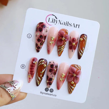Harvest Glow Tortoiseshell Floral Metallic Brown Gold Press On Nails