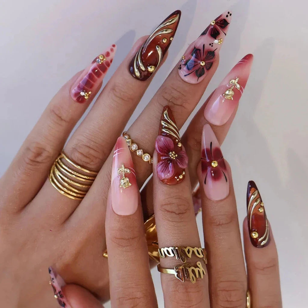 Harvest Glow Tortoiseshell Floral Metallic Brown Gold Press On Nails