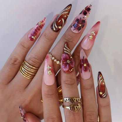 Harvest Glow Tortoiseshell Floral Metallic Brown Gold Press On Nails
