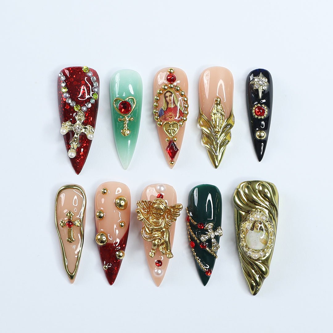 Heavenly Christmas Red Gold Press On Nails