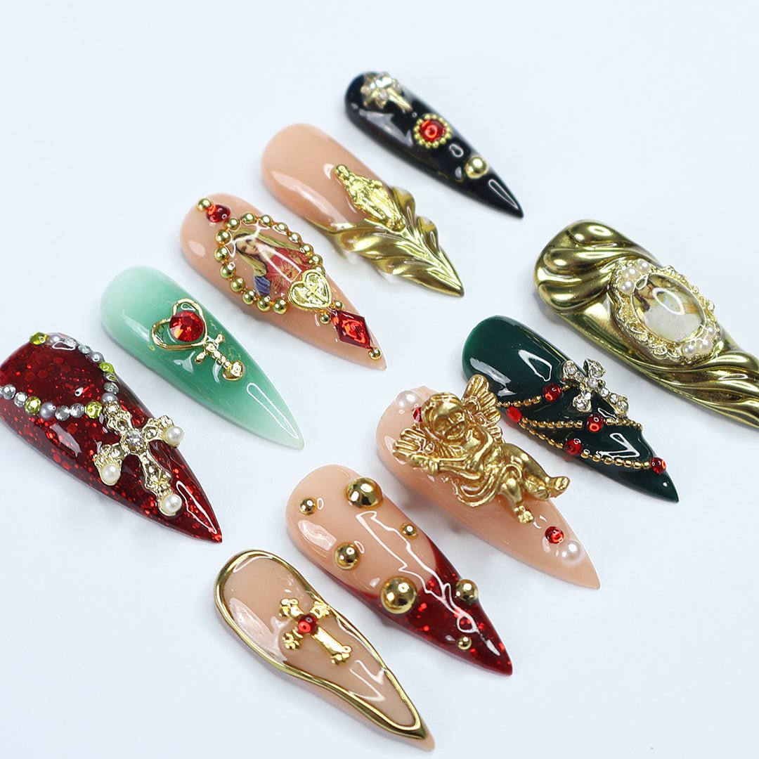 Heavenly Christmas Red Gold Press On Nails