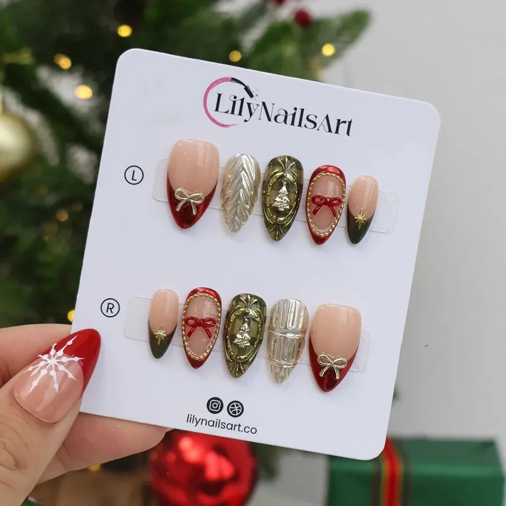 Heirloom Bow Christmas Nude Red Press On Nails