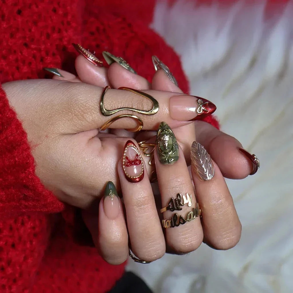 Heirloom Bow Christmas Nude Red Press On Nails