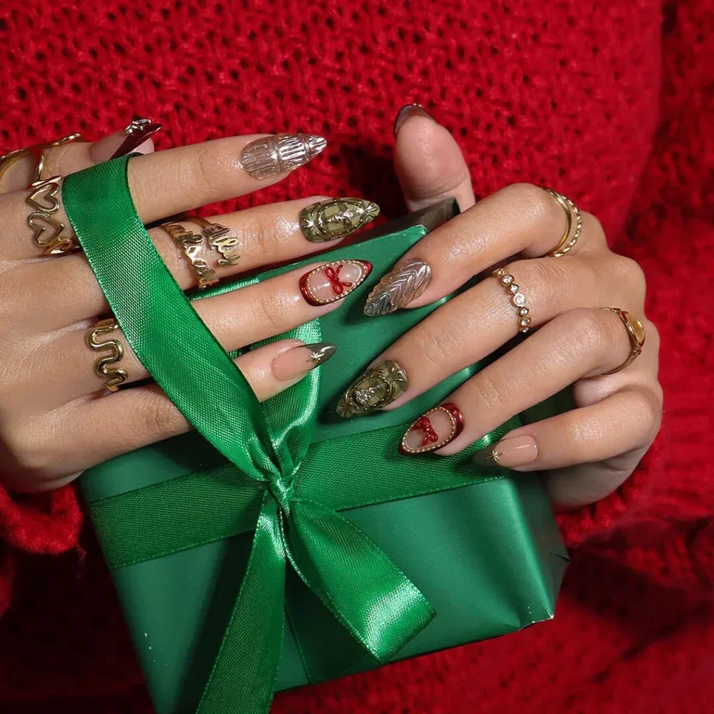 Heirloom Bow Christmas Nude Red Press On Nails