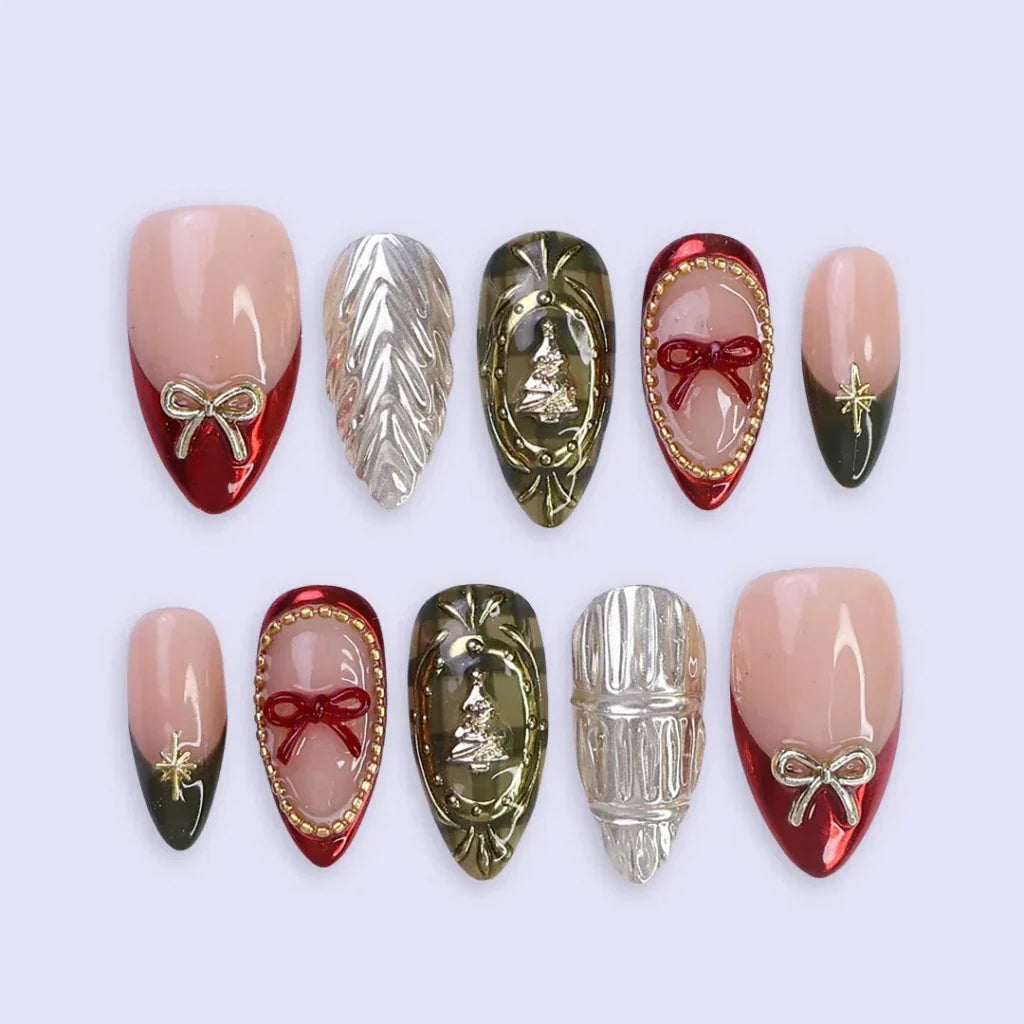 Heirloom Bow Christmas Nude Red Press On Nails